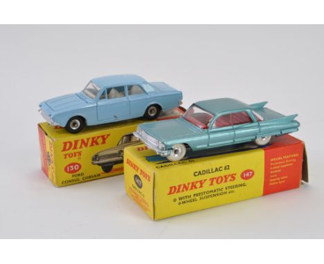 Dinky No. 130 Ford Consul Corsair in light blue (G in F Box) plus Dinky No. 147 Cadillac 62 in aqua (E in F Box). (2)