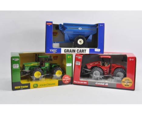 Ertl 1/50 Scale John Deere 9620 Tractor, Case STX 500 and 1/32 Scale J&M Grain Cart. All Mint in Excellent Boxes. (3)