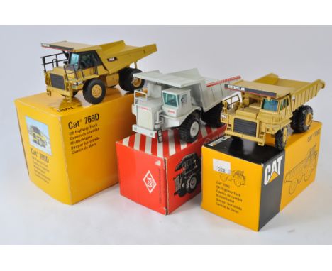 NZG 1:50 scale CAT 769C Mine Truck, CAT 769D Mine Truck and Conrad O&K Faun K100 Mine Truck. Generally NM in G-E Boxes. (3)