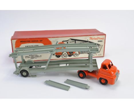 Scarce Morestone Bedford Articulated Car Transporter. Orange tractor unit with orange wheels, grey trailer with grey wheels, 