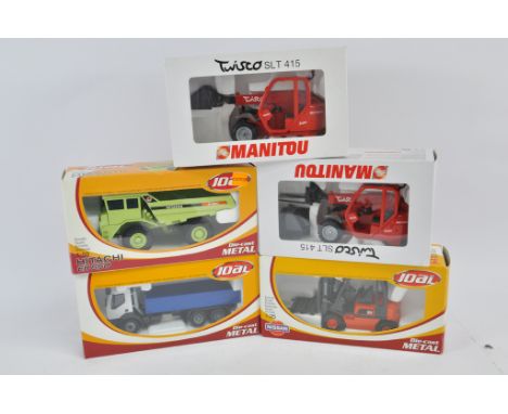 Joal 1:50 Renault Tipper Truck, Nissan Forklift, Hitachi Dump Truck plus Manitou Twisco Loaders x 2. NM-M in E boxes. (5)