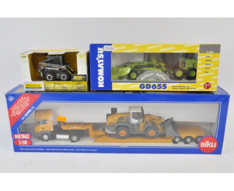 Siku 1:50 scale Scania Truck and Low Loader with Liebherr Wheel Loader, First Gear 1:50 Komatsu Grader and Ertl Special Editi