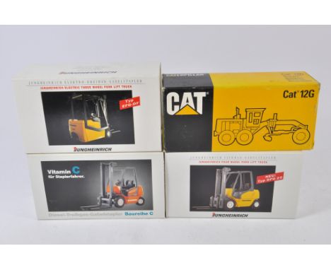 Trio of Conrad 1:25 scale Lift Trucks plus NZG CAT 12G Scraper. NM-M in VG-E Boxes. (4)