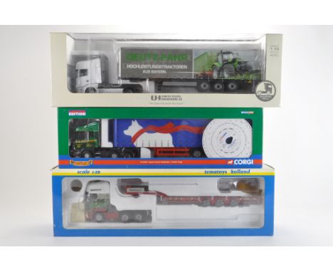 Commercial Diecast Trio including TEMATOYS Eddie Stobart Tractor and Low Loader, Corgi CS ELLIS Set and UH Deutz Fahr Set. NM