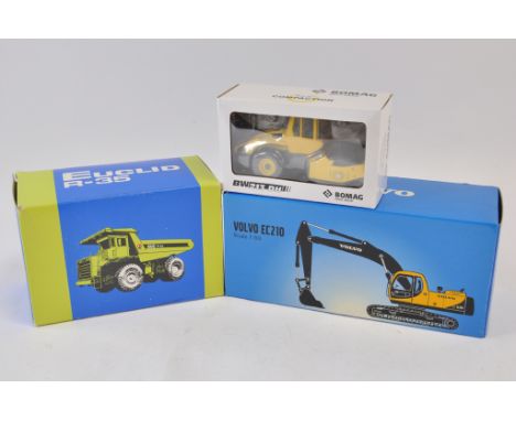 Conrad 1:50 scale Euclid R-35 Dump Truck, Volvo EC210 Excavator and Kaster Bomag 213DH Roller. NM-M in E Boxes. (3)