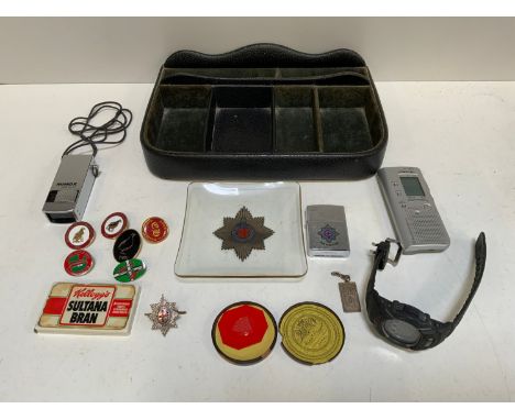 Desk Tidy, Badges, Pocket Minox Monocular, Coldstream Guards Ashtray and Lighter and G-Shock Watch etc 