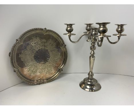 Silver Plated Tray and Candlestick 