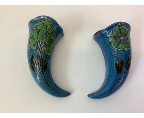 CH Brannam Barnstaple North Devon Slipware Art Pottery Pair of Cornucopia Shells - 14cm Long 