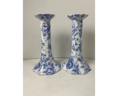 Pair of Blue and White Ceramic Candlesticks - 26cm High 