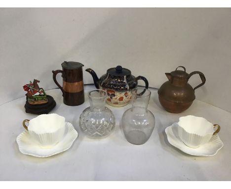 Pair of Coalport Cups and Saucers, Teapot, Lidded Jug and Copper Pot etc 