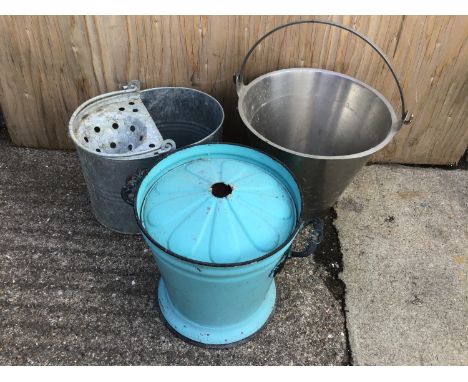 Stainless Steel Bucket, Mop Bucket and Painted Enamel Lidded Bucket 