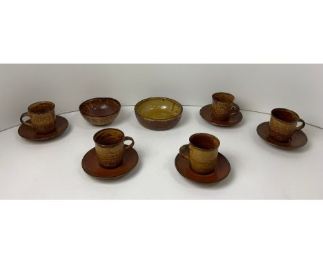 Michael Leach Studio Pottery - 5x Cups and Saucers,  Sugar Bowl and One Other 