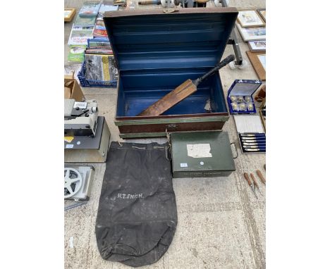A LARGE VINTAGE TRUNK, A VINTAGE CRICKET BAT, A SACK BEARING THE NAME H.T.SMITH AND A METAL TELEGRAPH EQUIPMENT TIN