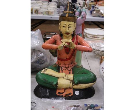 A LARGE HAND CARVED, HAND PAINTED FIGURE OF A BUDDHIST MAN, HEIGHT 40CM