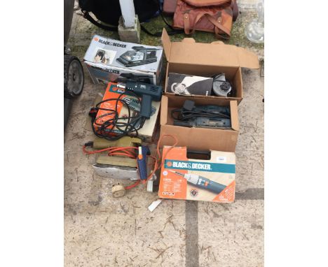 SIX ASSORTED POWER TOOLS TO INCLUDE A BLACK AND DECKER SANDER, SCREW DRIVER AND HEAT GUN ETC
