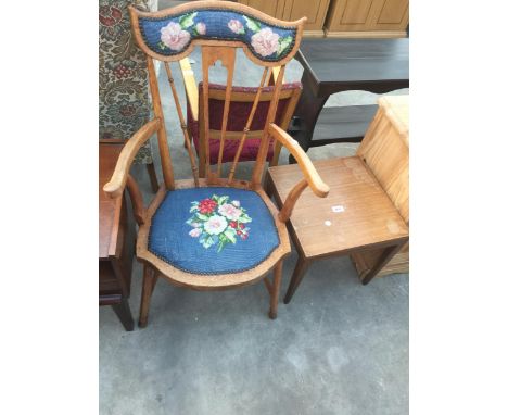 A RETRO TEAK 15" SQUARE LAMP TABLE AND EDWARDIAN BEECH BEDROOM CHAIR WITH WOOLWORK SEAT AND BACK