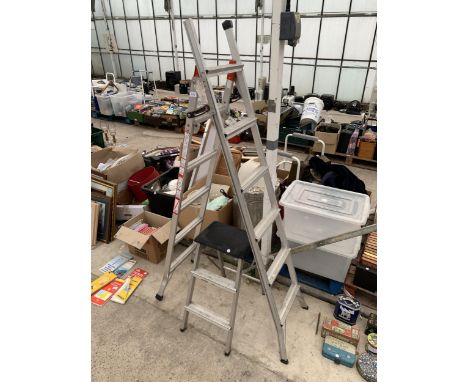 AN ALUMINIUM MULTI FUNCTIONAL FOLDING LADDER AND A FURTHER TWO RUNG STEP STOOL