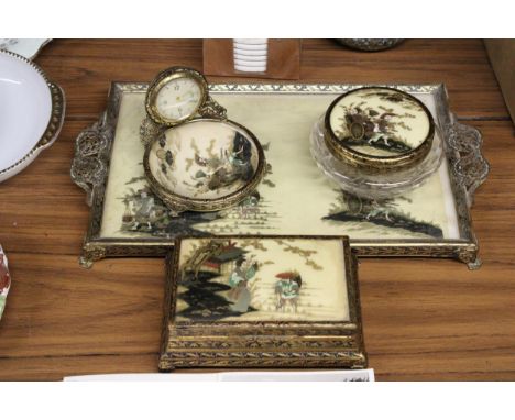 AN ORIENTAL THEMED DRESSING TABLE SET TO INCLUDE A TRAY, LARGE TRINKET BOX, LIDDED GLASS POT AND A CLOCK/DISH