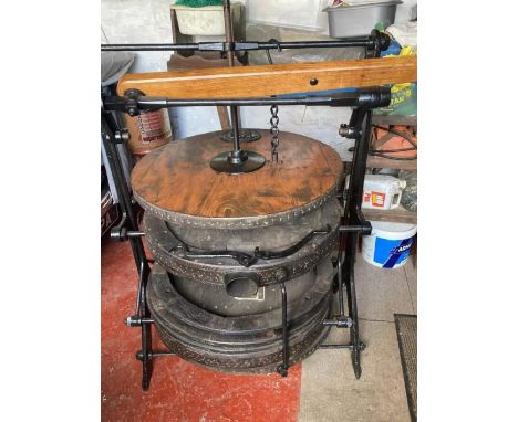 A LARGE SET OF VINTAGE BLACKSMITHS BELLOWS WITH CAST IRON FRAME AND STAND (THIS ITEM HAS BEEN DISMANTLED FOR TRANSPORT PURPOS