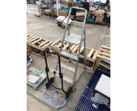 A THREE RUNG ALUMINIUM STEP LADDER AND A SACK TRUCK