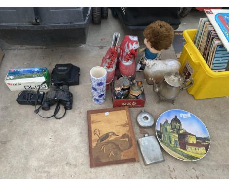 AN ASSORTMENT OF ITEMS TO INCLUDE ROLLER SKATES, BINOCULARS AND HIP FLASKS ETC