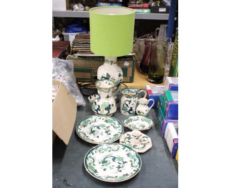 A COLLECTION OF MASON'S CHARTREUSE TO INCLUDE A TABLE LAMP, JUGS, VASE, CANDLESTICKS AND PLATES
