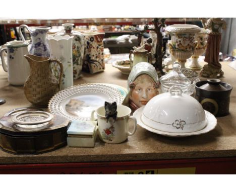 A MIXED LOT TO INCLUDE VASES, A VINTAGE CERAMIC LADY HEAD LIDDED POT, MUFFIN DISH, BUNNYKINS MUG, OLD BUTTONS, A GLASS ROSE B