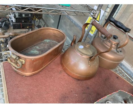 THREE COPPER AND BRASS ITEMS TO INCLUDE TWO KETTLES AND A PLANTER