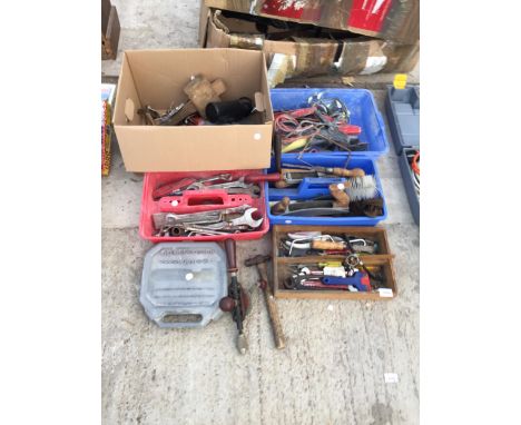 AN ASSORTMENT OF TOOLS TO INCLUDE SPANNERS AND A BRACE DRILL ETC