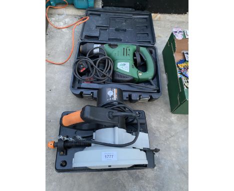 TWO CASED POWER TOOLS TO INCLUDE A WORK BULL SDS DRILL AND AN EVOLUTION CHOP SAW