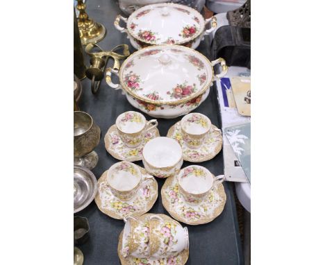 FIVE ROYAL ALBERT 'LOVELACE' CUPS AND SAUCERS, A SUGAR BOWL AND EXTRA CUP, PLUS TWO ROYAL ALBERT 'OLD COUNTRY ROSES' SERVING 