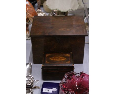 AN EDWARDIAN TEA CADDY PLUS A MAHOGANY BOX