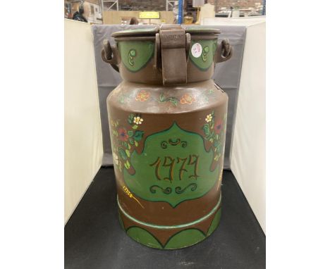 AN OLD VINTAGE HANDPAINTED FARM MILK CHURN WITH LID