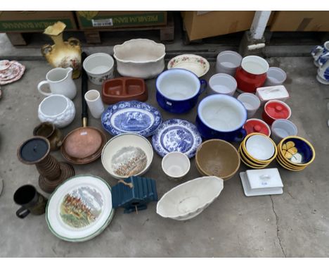 AN ASSORTMENT OF ITEMS TO INCLUDE POOLE POTTERY RAMEKINS, A COPPER BED WARMER AND CERMIC PLATES ETC