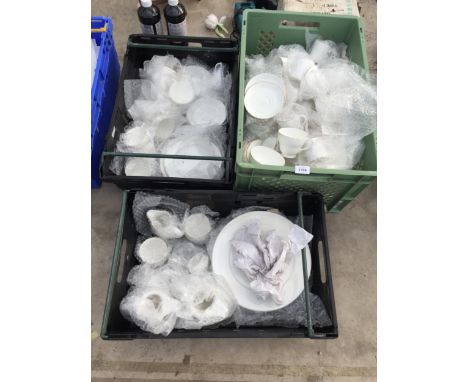 THREE CRATES OF WHITE CERAMICS TO INCLUDE CUPS AND SAUCERS AND PLATES ETC