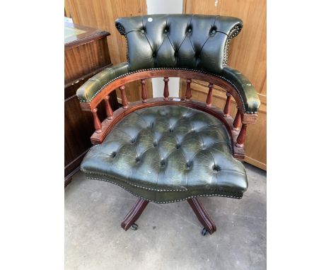 A MAHOGANY FRAME GREEN LEATHER BUTTON BACK DESK CHAIR