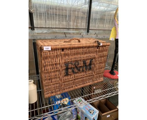 A WICKER FORTNUM &amp; MASON PICNIC HAMPER WITH HINGED LID