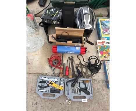 TWO MOTOR CROSS HELMETS AND AN ASSORTMENT OF TOOLS TO INCLUDE SPANNERS AND JUMP LEADS ETC