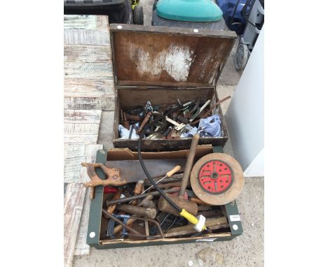 AN ASSORTMENT OF TOOLS TO INCLUDE HAMMERS, SAWS AND SPANNERS ETC