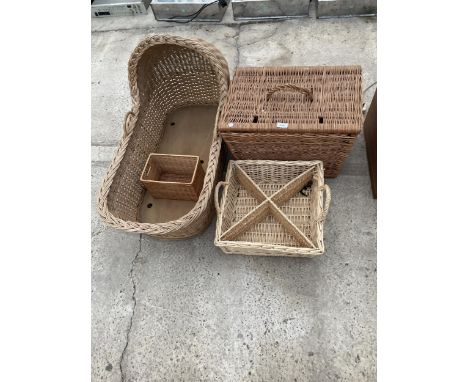FOUR VARIOUS WICKER ITEMS TO INCLUDE A CRIB, HAMPER BASKET, ETC