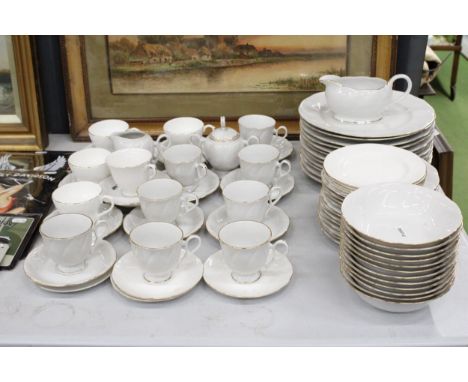 A SUPREME PORCELAIN WHITE WITH GILT EDGE PART DINNER SERVICE TO INCLUDE PLATES, BOWLS, A SAUCE JUG, CREAM JUG, SUGAR BOWL, CU