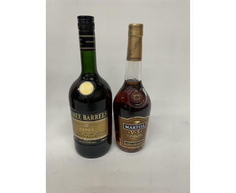 A LITRE BOTTLE OF V.S.O.P THREE BARREWLS RARE OLD FRENCH BRANDY TOGETHER WITH A 70 CL BOTTLE OF MARTELL FINE COGNAC