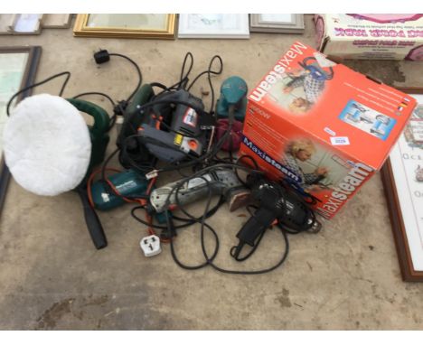 AN ASSORTMENT OF POWER TOOLS TO INCLUDE AN XTREM JIGSAW, A BLACK AND DECKER DRILL AND A SANDER ETC