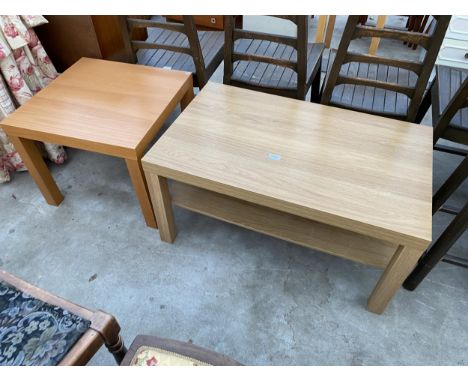 AN IKEA LACK COFFEE TABLE, 36" X 22" AND LAMP TABLE, 22" SQUARE