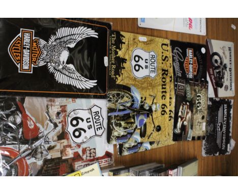 AN ASSORTMENT OF EIGHT METAL ADVERTISING SIGNS TO INCLUDE HARLEY DAVIDSON
