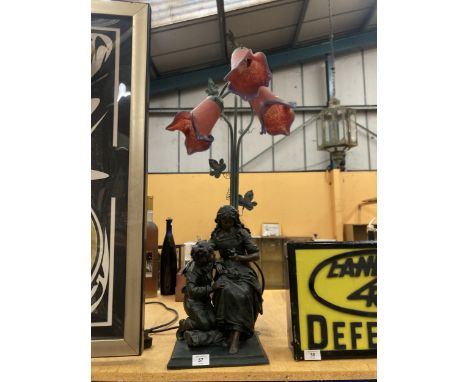 AN ART DECO STYE LAMP WITH A BOY AND GIRL LOOKING AT BIRDS WITH THREE CIRAL COLOURED FLUTED SHADES