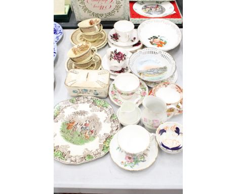 A QUANTITY OF TEAWARE, ETC TO INCLUDE CUPS, SAUCERS, BOWLS, JUGS, A BUTTER DISH, ETC