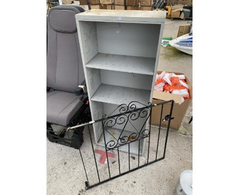 A SMALL METAL GARDEN GATE AND A METAL WORKSHOP SHELVING UNIT