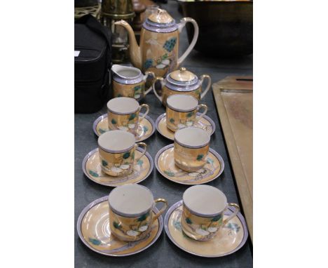 A VINTAGE CHIKARAMACHI 15 PIECE JAPANESE HANDPAINTED COFFEE SET TO INCLUDE A COFFEE POT, CREAM JUG, SUGAR BOWL, CUPS AND SAUC