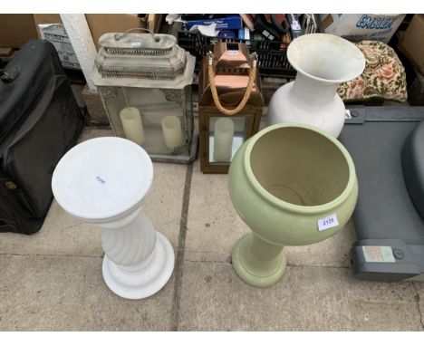 TWO JARDINAIRE STANDS, A LARGE CERAMIC VASE AND TWO CANDLE LANTERNS